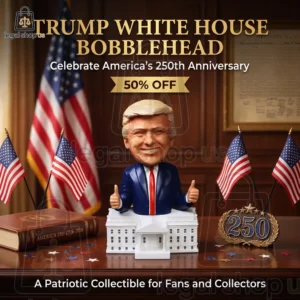 Donald Trump bobblehead figure atop a White House model with US flags and commemorative 250th anniversary decor.