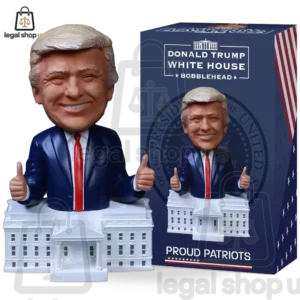 Donald Trump bobblehead figure with White House base and packaging.