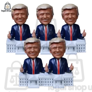 Five identical bobblehead figures of Donald Trump wearing a suit and giving a thumbs up in front of the White House.