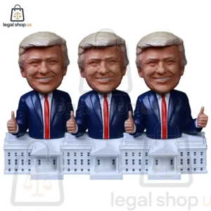 Three Donald Trump bobblehead figurines displayed on White House base pedestals