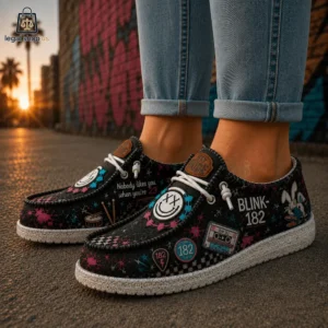 Custom Blink-182 themed casual shoes worn outdoors