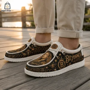 Beyoncé Queen B I'm That Girl Hey Dude Loafer Shoes Person wearing Beyoncé-themed casual slip-on shoes with honeycomb and crown designs.
