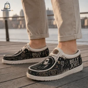 Billy Joel themed custom slip-on canvas shoes featuring city skyline and iconic song lyrics.