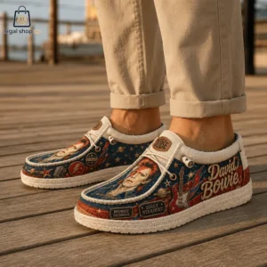 David Bowie themed slip-on casual footwear worn on a wooden dock
