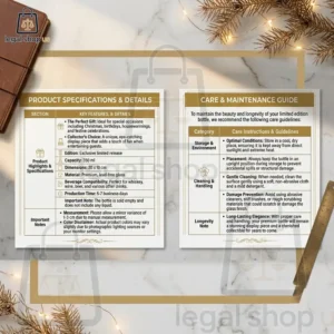 2026 England FIFA World Cup Trophy Crown Royal Bottle Infographic showing specifications and care instructions for a premium glass bottle product.