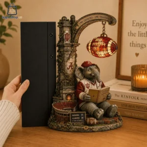 Table lamp sculpture featuring an elephant mascot, football imagery, and Indiana and Alabama college motifs.