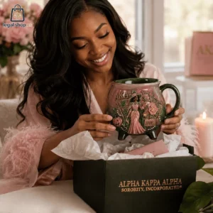 A woman holding a decorative Alpha Kappa Alpha sorority cauldron mug.