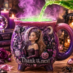 A decorative witchy purple cauldron mug featuring a pop star likeness and Halloween motifs.