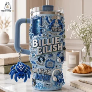 Blue Billie Eilish themed tumbler with 3D aesthetic design and spider keychain.