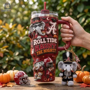 Alabama Crimson Tide Halloween tumbler with 3D elephant mascots and football motifs.