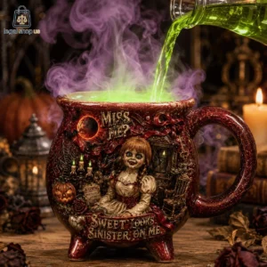 Horror-themed Annabelle cauldron mug with glowing green potion and purple steam