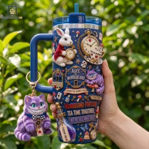 Alice in Wonderland Down The Rabbit Hole Tea Time Together Tumbler with Handle Alice in Wonderland themed insulated tumbler with 3D characters and keychain