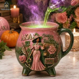 Pink and green cauldron mug featuring Alpha Kappa Alpha sorority imagery, glowing potion, and 1908 date