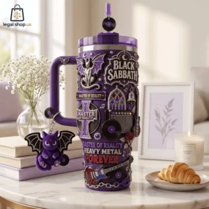 A decorative purple Black Sabbath themed tumbler featuring 3D heavy metal emblems and a bat cat charm.