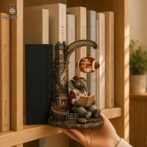 A decorative Indiana and Alabama college football themed figurine of an elephant reading a book under a stadium light.