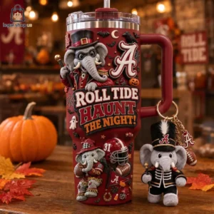 University of Alabama crimson tumbler with Halloween elephant theme and matching plush keychain