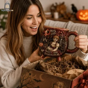 Woman smiling while holding a decorative Annabelle-themed Halloween cauldron mug