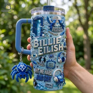 Blue Billie Eilish themed stainless steel tumbler with detailed music and album-inspired embellishments