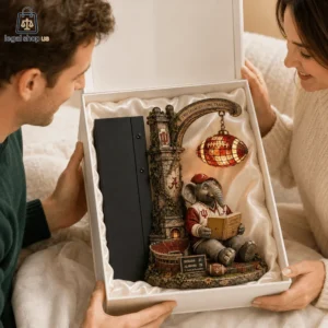 A couple opening a gift box containing a commemorative Alabama Crimson Tide and Indiana Hoosiers college football light-up sculpture.