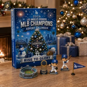 2026 Los Angeles Dodgers World Series Champions themed holiday advent calendar on a wooden table with collector figures.