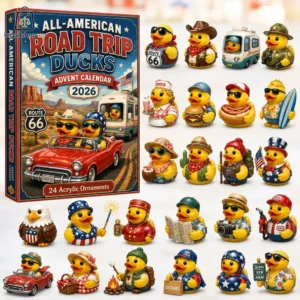 All-American Road Trip Ducks 2026 advent calendar with 24 individual travel-themed rubber duck ornaments.