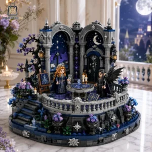 A Court of Thorns and Roses Night Court Celestial Balcony Garden Building Brick Set Intricate fantasy elven balcony building block set featuring two elf minifigures at night.