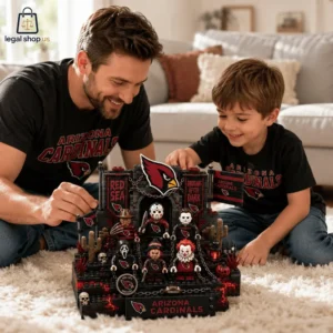 Arizona Cardinals x Halloween Building Brick Sets 2026 A father and son playing with an Arizona Cardinals-themed horror movie character building block set on a living room rug.