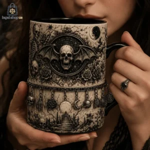 Woman holding an ornate gothic skull mug with hanging charms