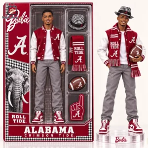 Alabama Crimson Tide themed Ken doll in collector packaging with university accessories