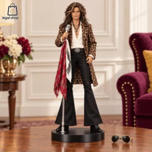 Rock star doll wearing a leopard print coat and bell-bottoms holding a vintage microphone.