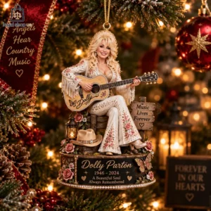 Commemorative Dolly Parton Christmas tree ornament featuring the singer playing a guitar with floral details.