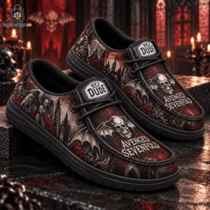 Avenged Sevenfold branded Hey Dude shoes with gothic skull and rose artwork.