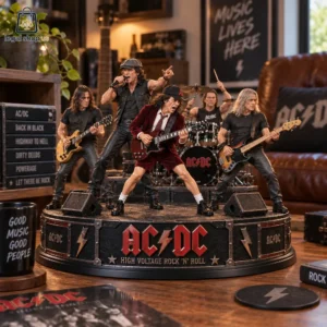 ACDC High Voltage Rock N Roll Collectible Acrylic Plaque Table Decor Detailed AC/DC band member figurines on a custom concert stage display