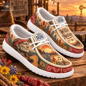 Pair of Willie Nelson themed Hey Dude shoes featuring desert artwork and guitar motifs.