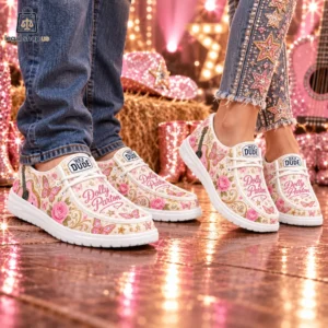 Dolly Parton Pink Floral Country Loafer Shoes Dolly Parton themed Hey Dude slip-on shoes featuring floral and butterfly designs.