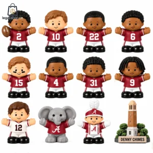 Set of University of Alabama Crimson Tide collectible figures including football players, mascot, and Denny Chimes.