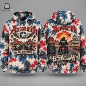 Aerosmith themed tie-dye hoodie featuring motorcycle and desert rock imagery.