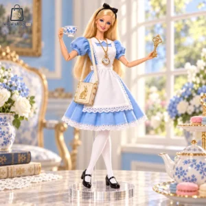 Alice in Wonderland Barbie Signature Collector Edition Doll Set Collectible Alice in Wonderland doll with a tea cup, gold key, and clock necklace.