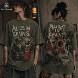 Two people wearing olive green oversized Alice in Chains graphic band t-shirts