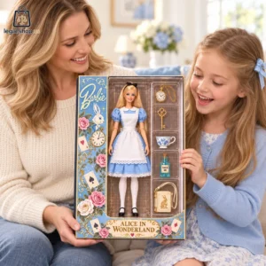 Alice in Wonderland Barbie Signature Collector Edition Doll Set A woman and a young girl looking at an Alice in Wonderland Barbie doll in its collector box.