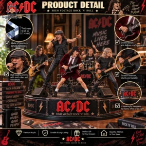 ACDC High Voltage Rock N Roll Collectible Acrylic Plaque Table Decor AC/DC band diorama collectible with detailed acrylic figures of band members on stage.