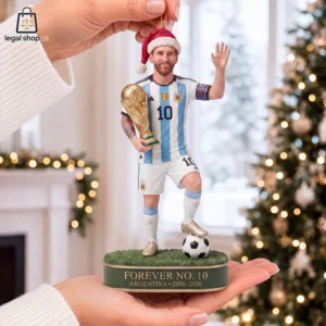 Forever No.10 Farewell Tribute Christmas Ornament (2005-2026) Lionel Messi Christmas ornament holding the World Cup trophy.