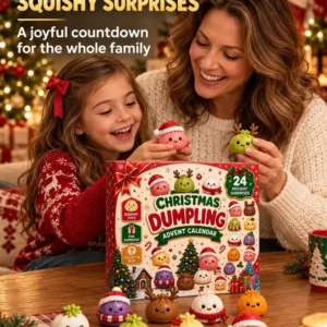 2026 Christmas Dumpling Advent Calendar Mother and daughter opening a Christmas dumpling advent calendar with squishy toys