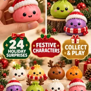 2026 Christmas Dumpling Advent Calendar A collection of cute holiday-themed dumpling figurines featuring various festive accessories like Santa hats, reindeer antlers, and scarves.