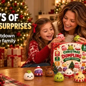 2026 Christmas Dumpling Advent Calendar A woman and a young girl opening a Christmas dumpling advent calendar in a festive living room