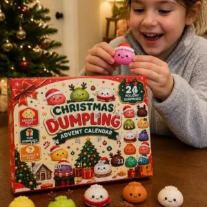 2026 Christmas Dumpling Advent Calendar A young girl excitedly opening a Christmas Dumpling-themed advent calendar with small collectible character figures.