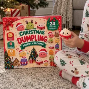2026 Christmas Dumpling Advent Calendar Child opening a Christmas dumpling themed advent calendar near a holiday tree.