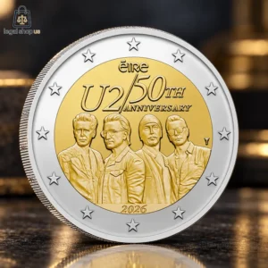 Commemorative 2 Euro coin featuring the Irish band U2 for their 50th anniversary