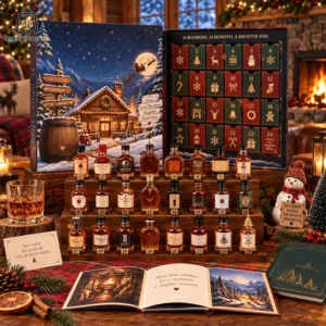 2026 Bourbon Advent Calendar Bourbon advent calendar with 24 mini whiskey bottles and holiday-themed decorations.