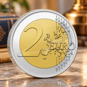 Close-up of a two Euro coin standing upright on a textured surface.